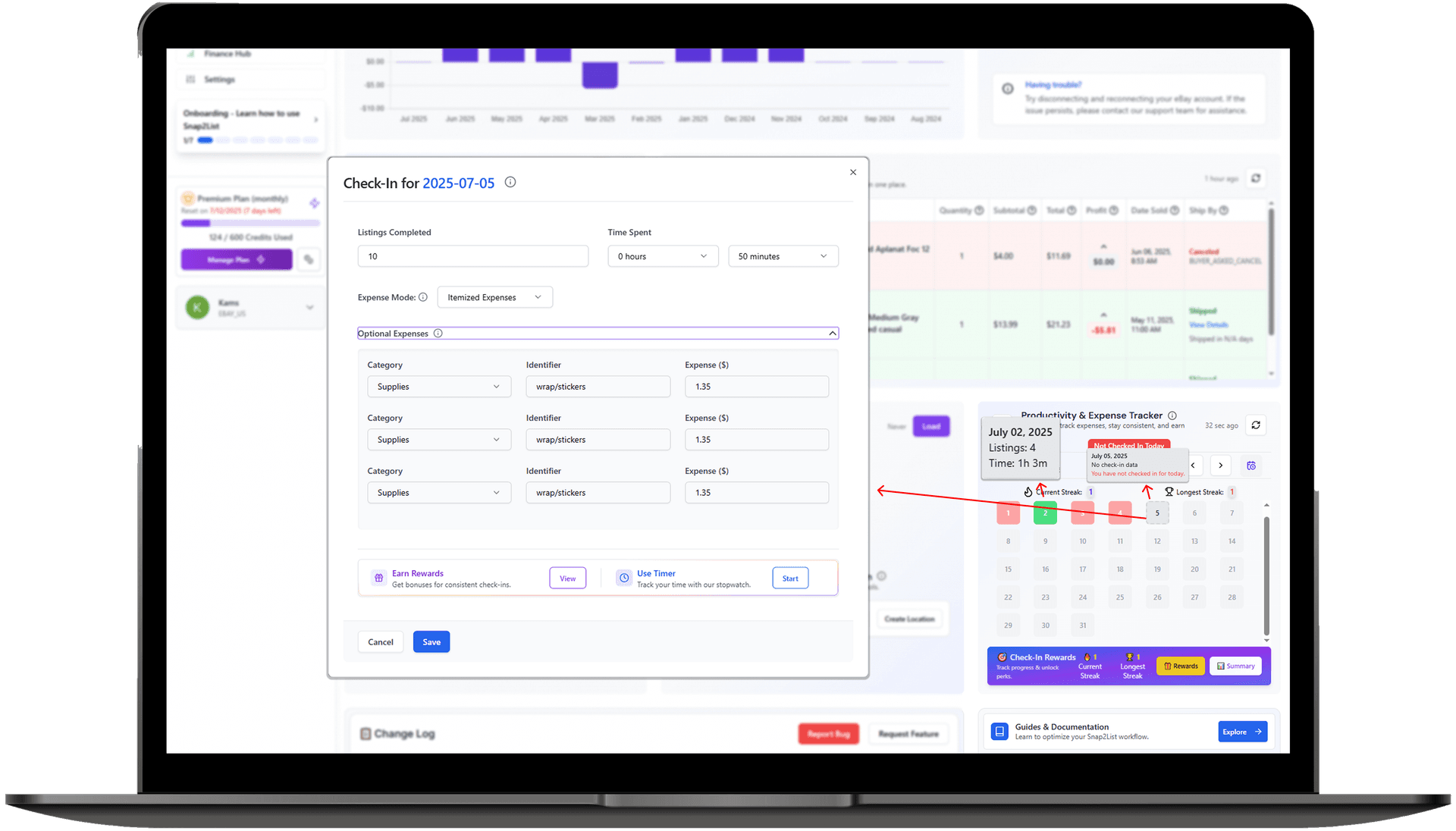 Calendar showing daily eBay check-in streaks and productivity patterns