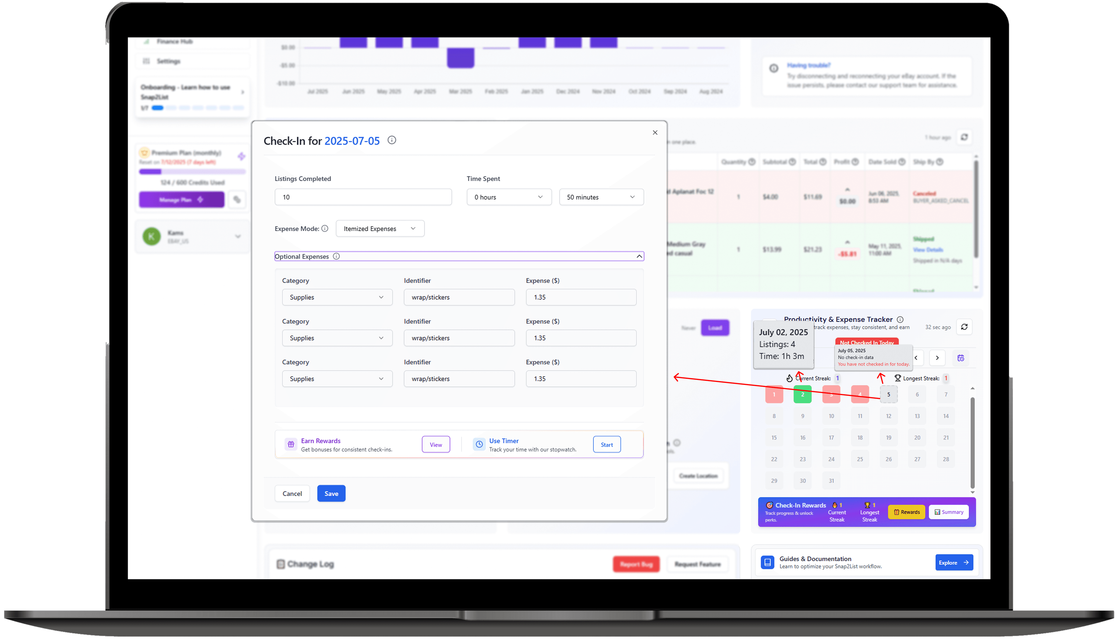 Calendar showing daily eBay check-in streaks