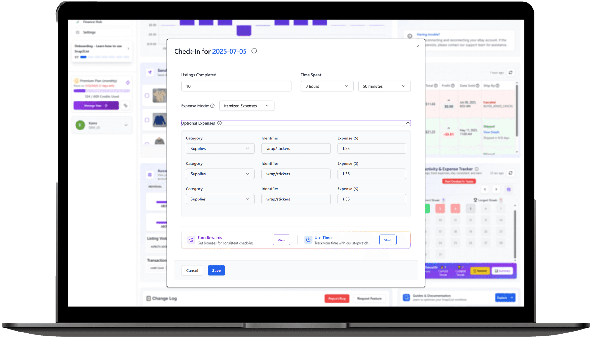 Check-in modal showing listings, time tracking and expense logging