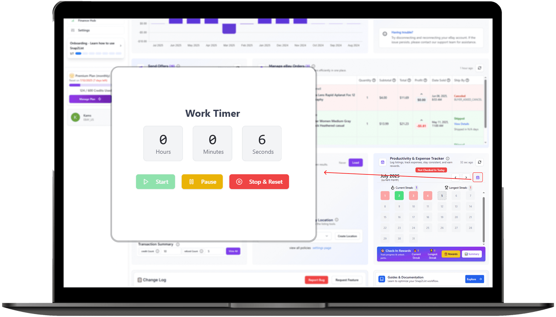 Built-in work timer showing session tracking