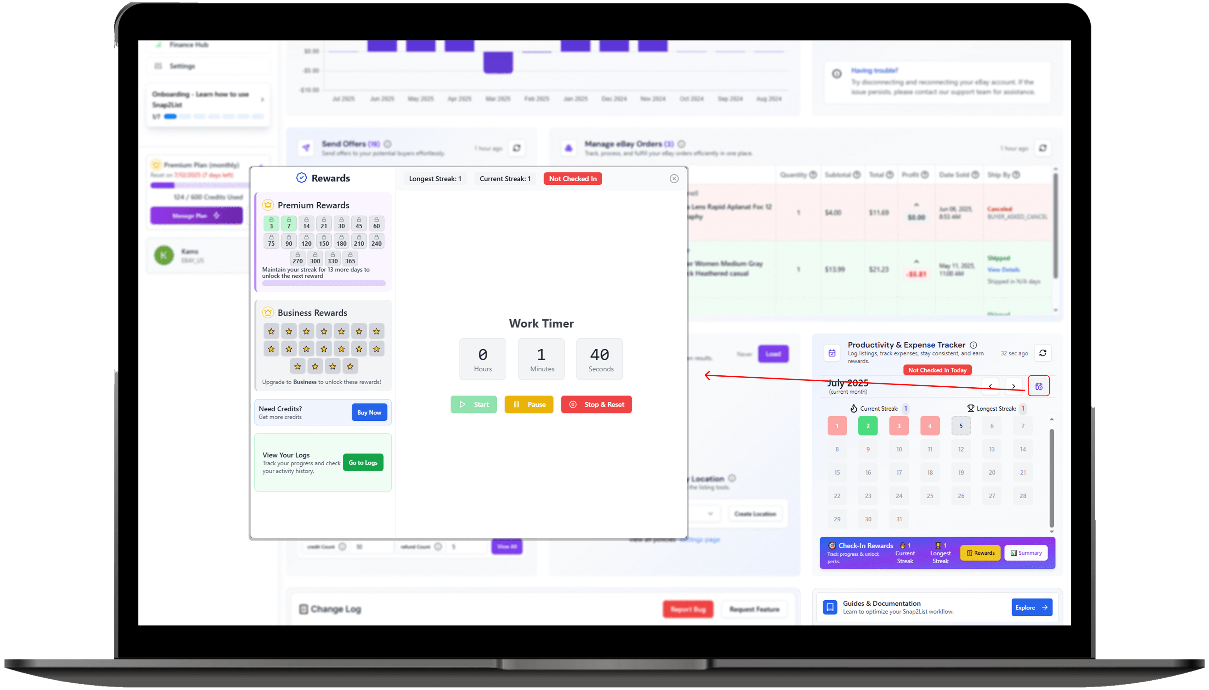 Check-in rewards and streak tracking