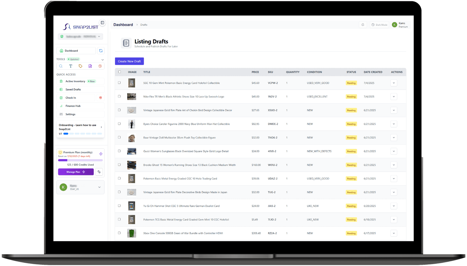 Dashboard showing list of eBay draft listings