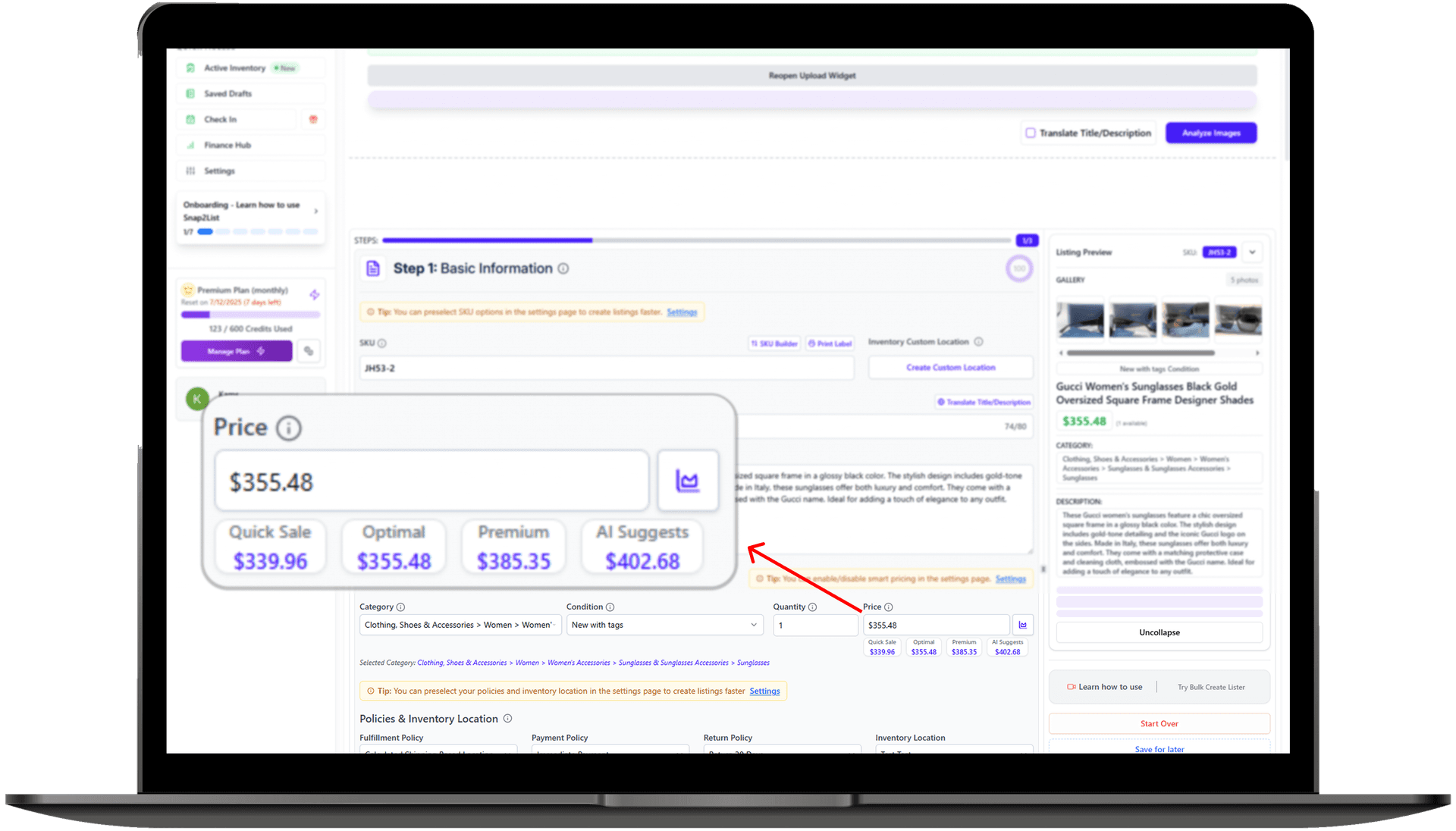 Quick Sale, Optimal, Premium and AI Suggests under price field