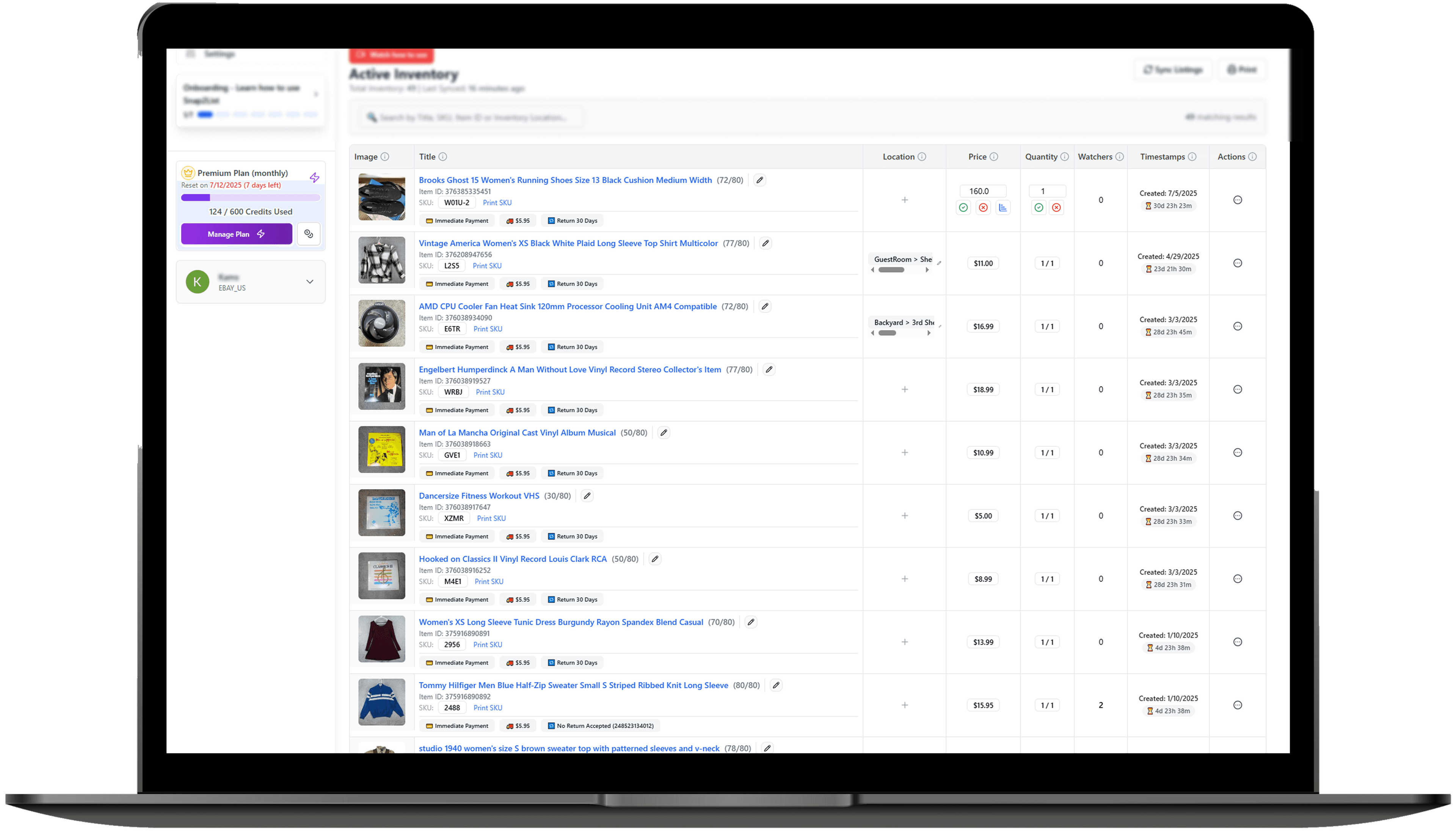 Live eBay inventory table with stats