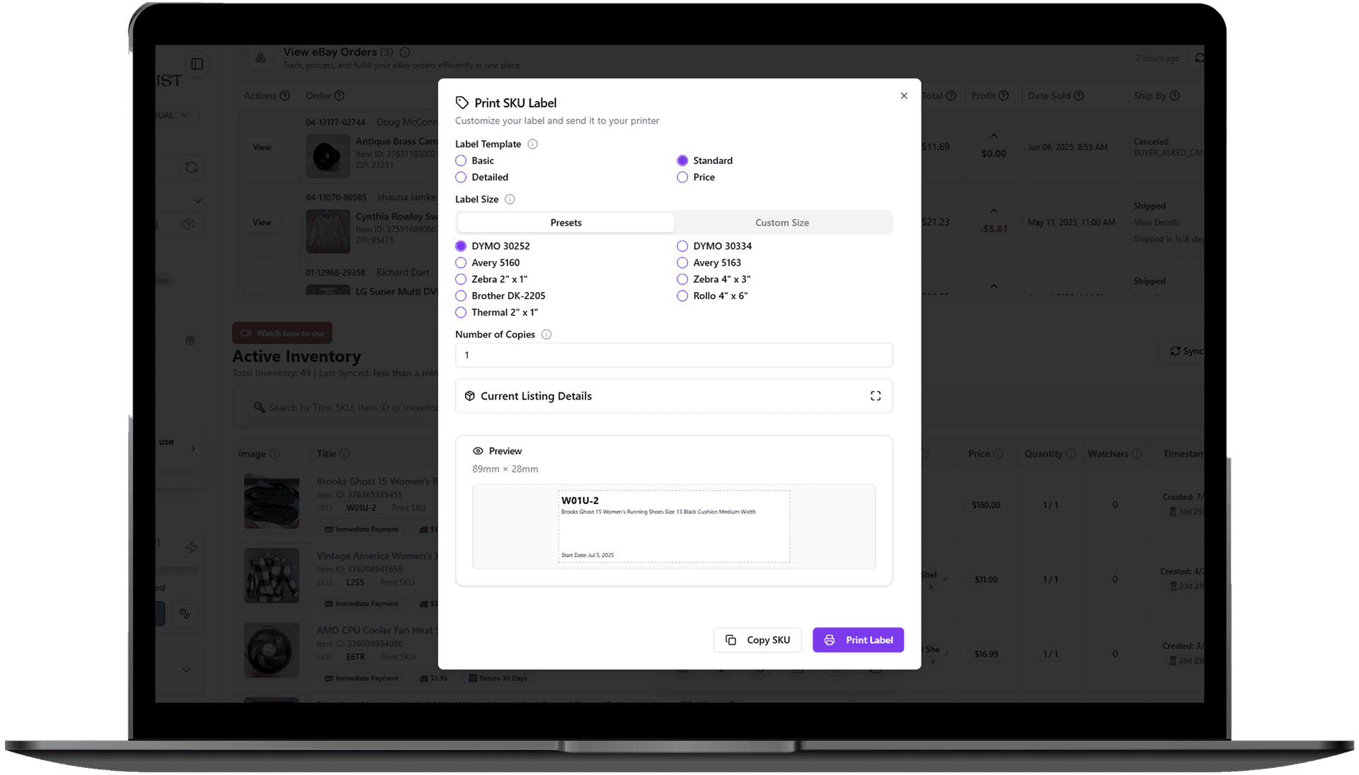 Professional SKU label printing integrated in inventory dashboard