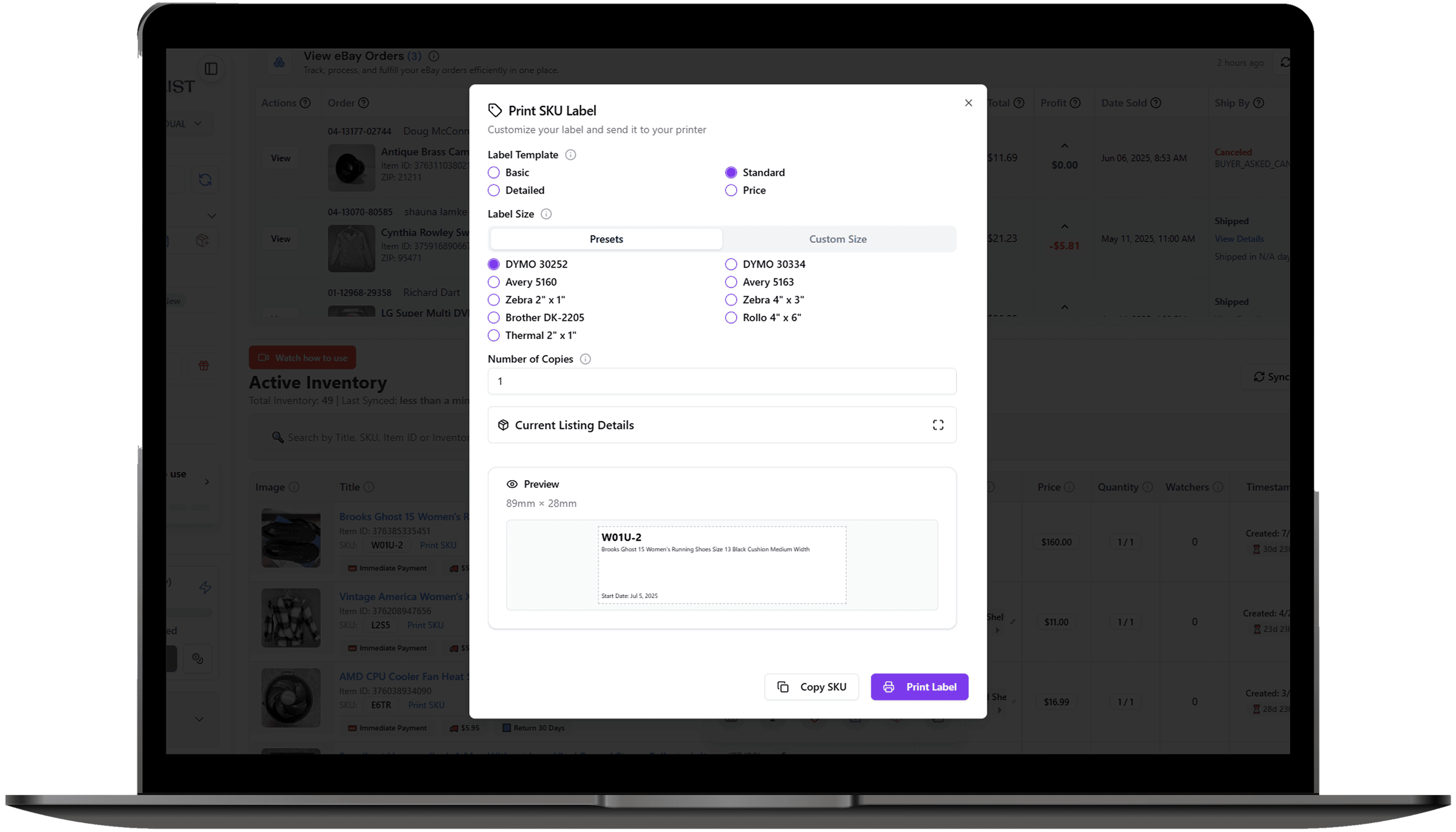 Inline print SKU label button and modal