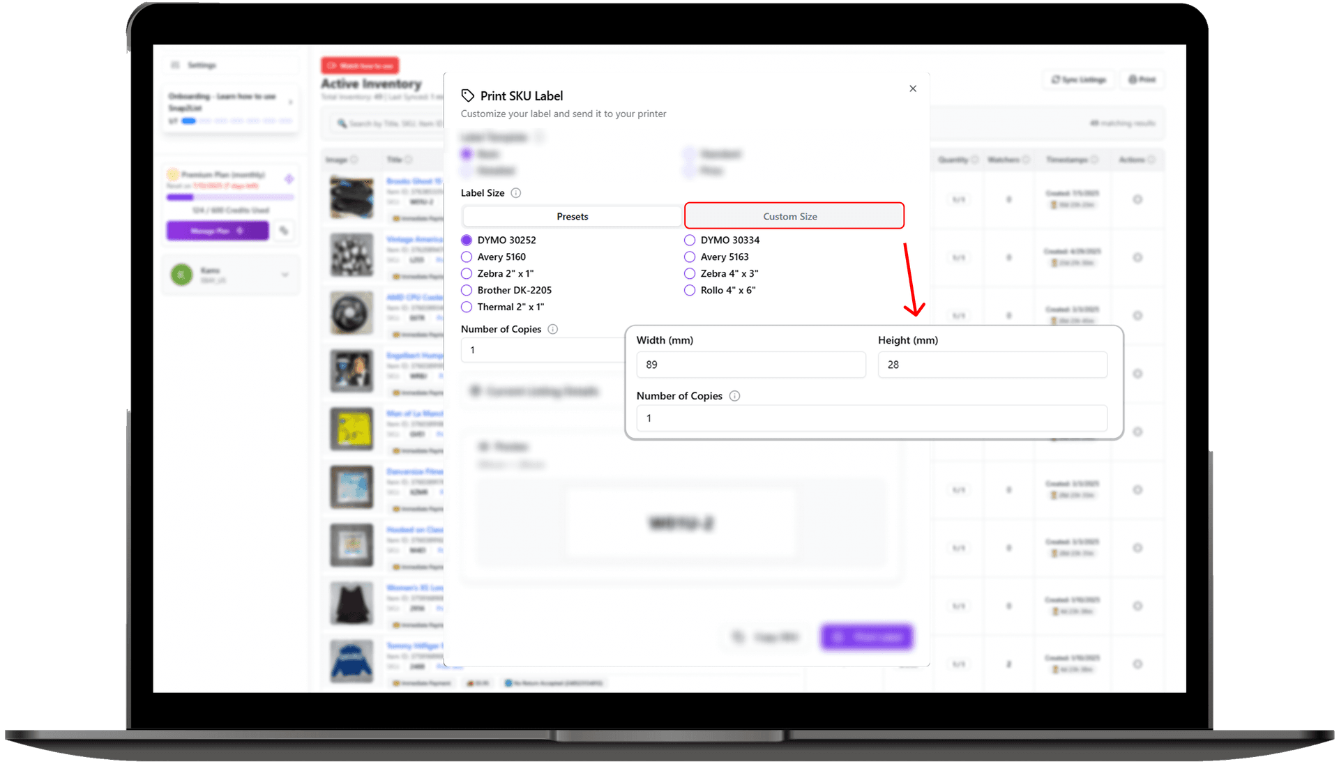 Entering custom label dimensions