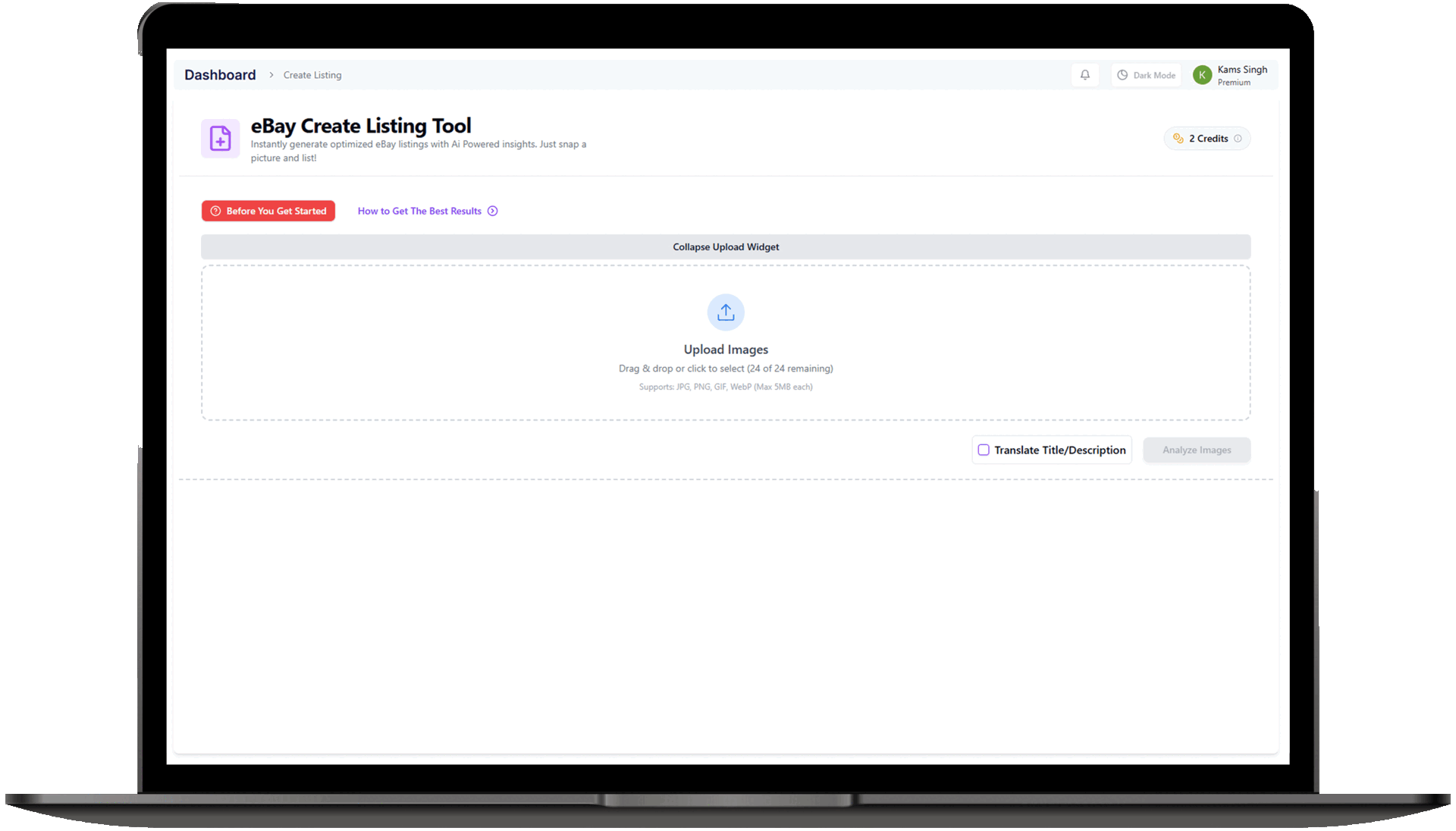 Snap2List dashboard preview